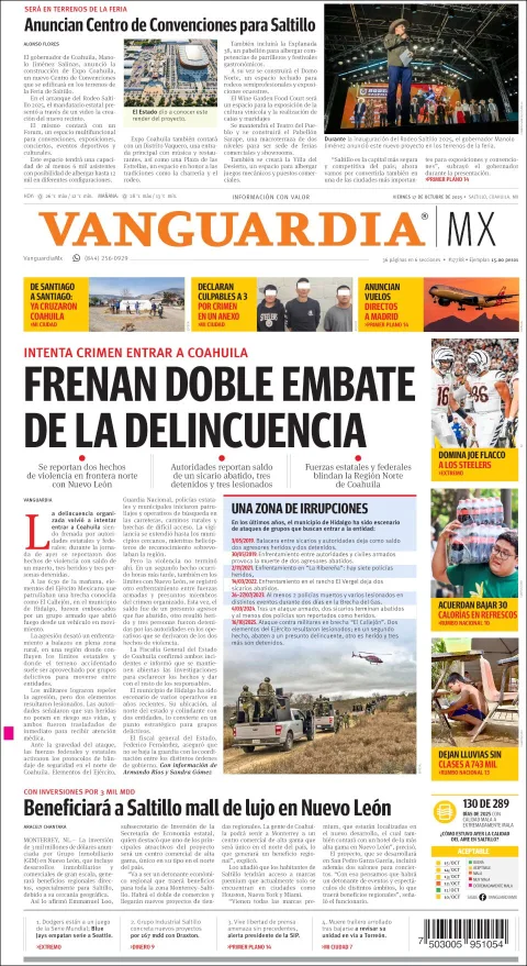 Portada de Vanguardia del viernes, 17 de octubre de 2025
