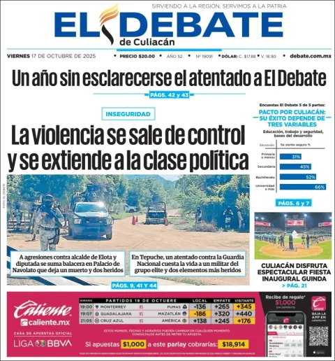 Portada de El Debate de Culiacan del viernes, 17 de octubre de 2025