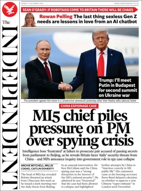 Portada de The Independent del viernes, 17 de octubre de 2025