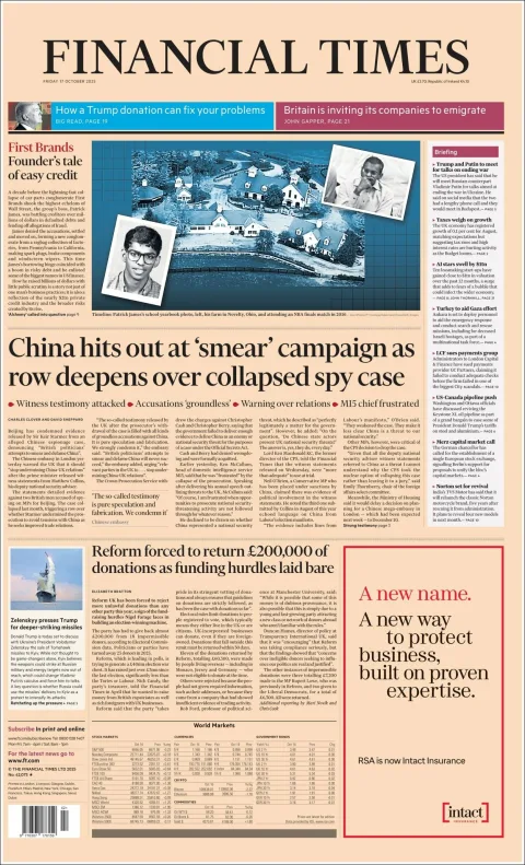 Portada de Financial Times del viernes, 17 de octubre de 2025