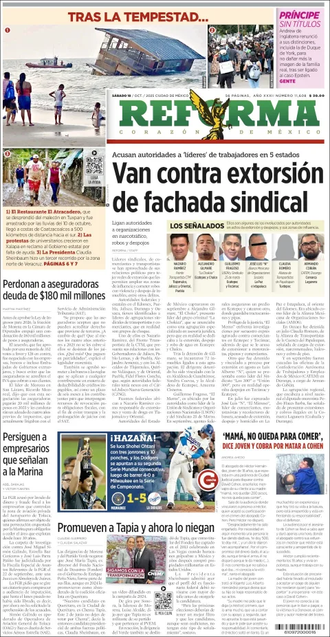 Portada de Reforma del sábado, 18 de octubre de 2025
