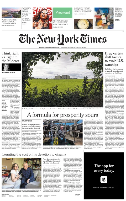 Portada de The New York Times (international) del sábado, 18 de octubre de 2025
