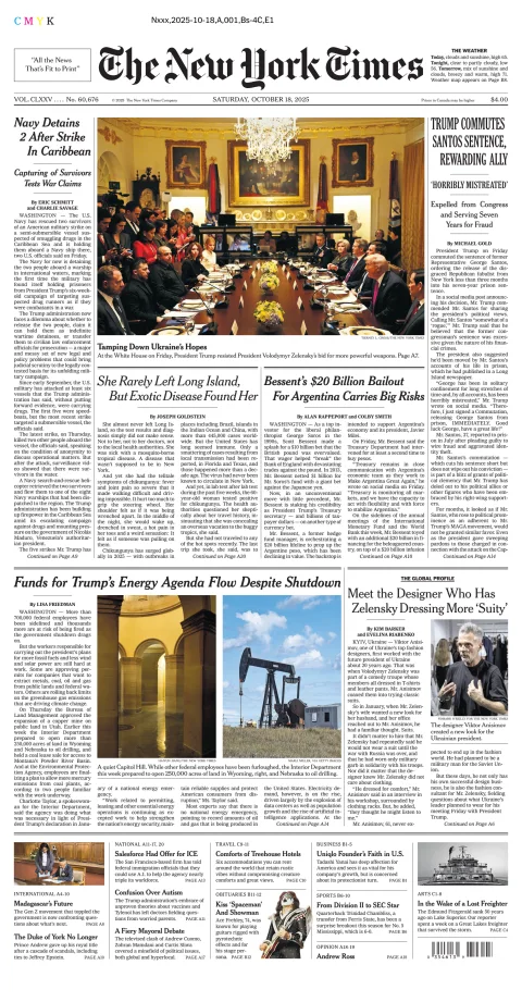 Portada de The New York Times (new York) del sábado, 18 de octubre de 2025