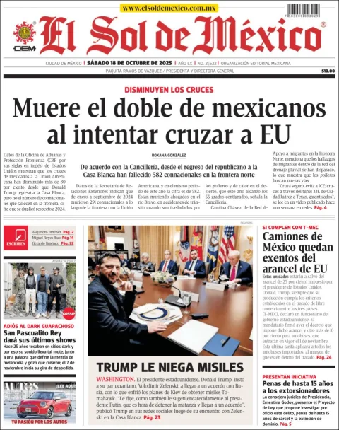 Portada de El Sol de Mexico del sábado, 18 de octubre de 2025