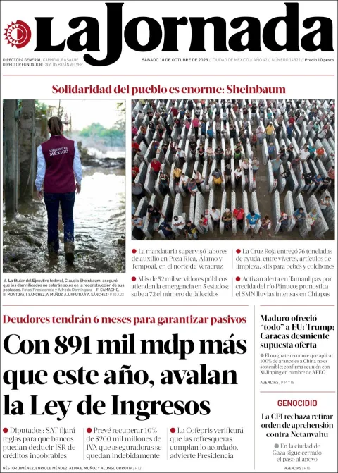 Portada de La Jornada del sábado, 18 de octubre de 2025
