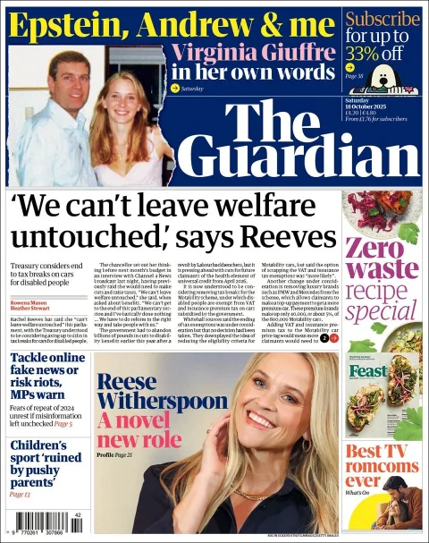 Portada de The Guardian (reino Unido) del sábado, 18 de octubre de 2025