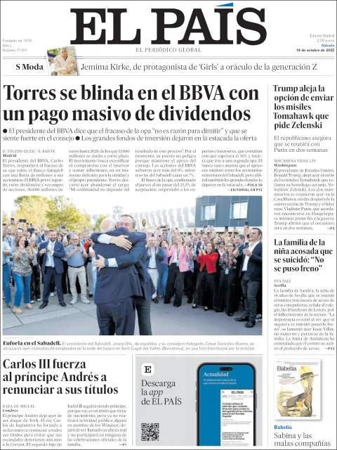 Portada de El Pais del sábado, 18 de octubre de 2025