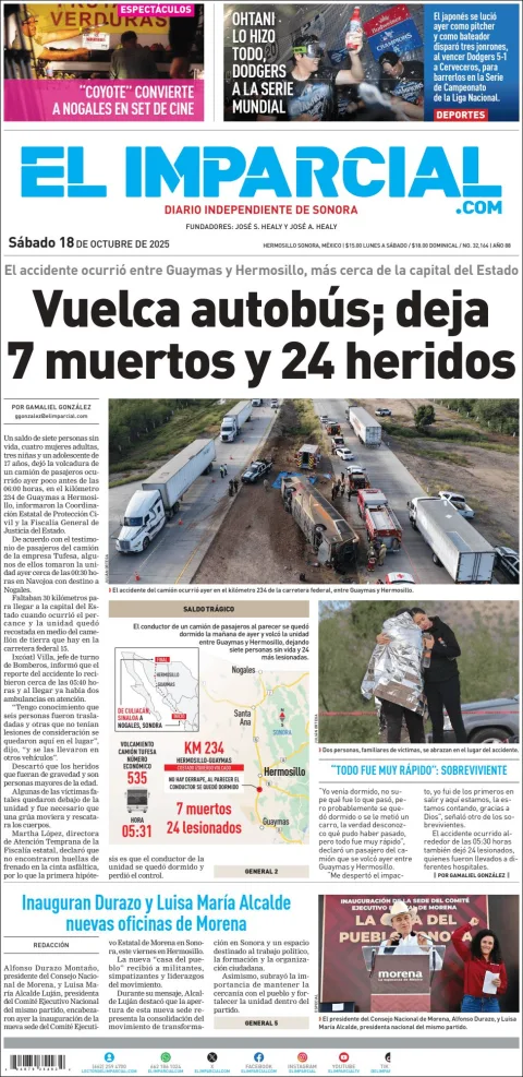Portada de El Imparcial del sábado, 18 de octubre de 2025