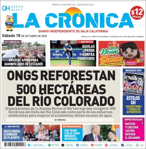 Portada de La Cronica del sábado, 18 de octubre de 2025