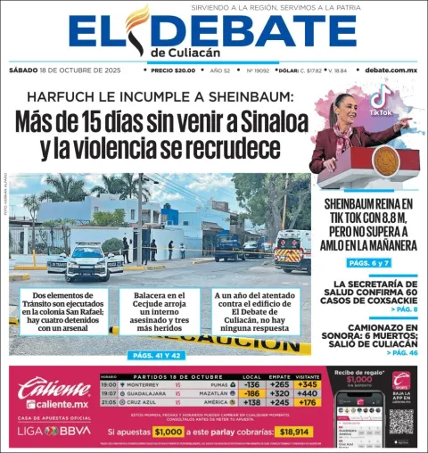 Portada de El Debate de Culiacan del sábado, 18 de octubre de 2025