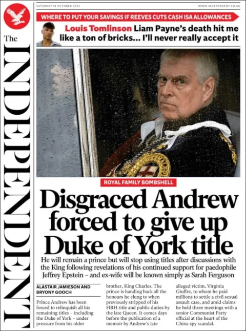 Portada de The Independent del sábado, 18 de octubre de 2025