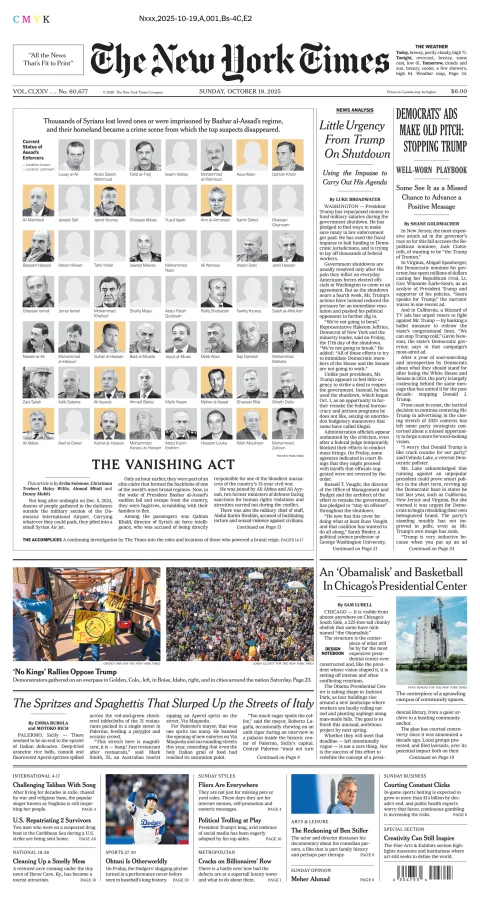 Portada de The New York Times (new York) del domingo, 19 de octubre de 2025