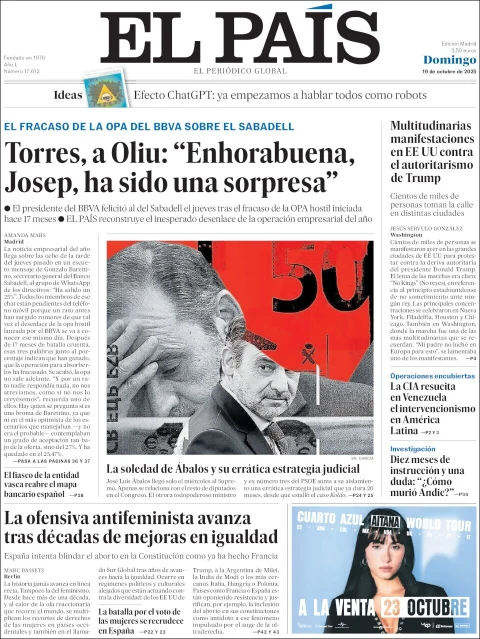 Portada de El Pais del domingo, 19 de octubre de 2025