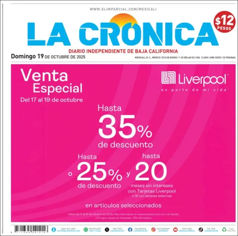 Portada de La Cronica del domingo, 19 de octubre de 2025