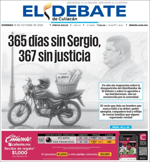 Portada de El Debate de Culiacan del domingo, 19 de octubre de 2025