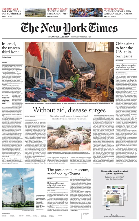Portada de The New York Times (international) del lunes, 20 de octubre de 2025