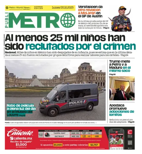 Portada de Publimetro Monterrey del lunes, 20 de octubre de 2025