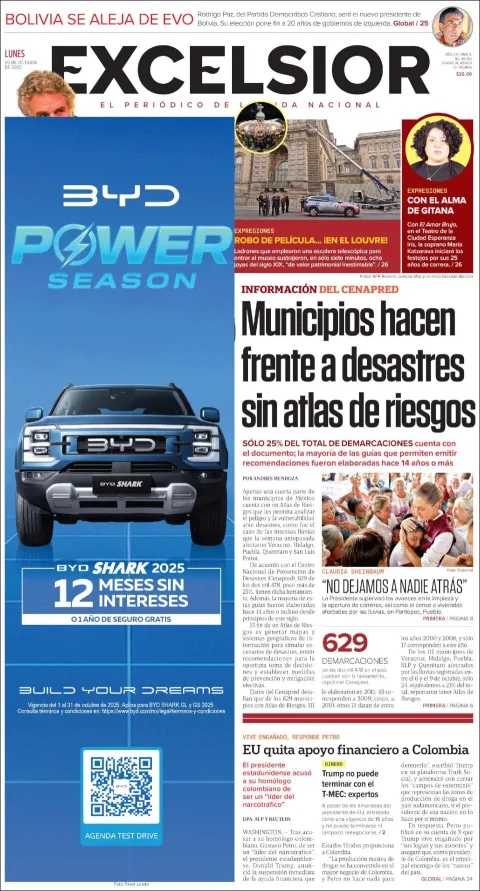 Portada de Excelsior del lunes, 20 de octubre de 2025