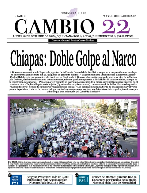 Portada de Diario Cambio 22 (contraportada) del lunes, 20 de octubre de 2025