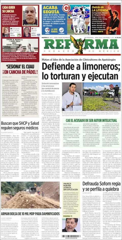 Portada de Reforma del martes, 21 de octubre de 2025