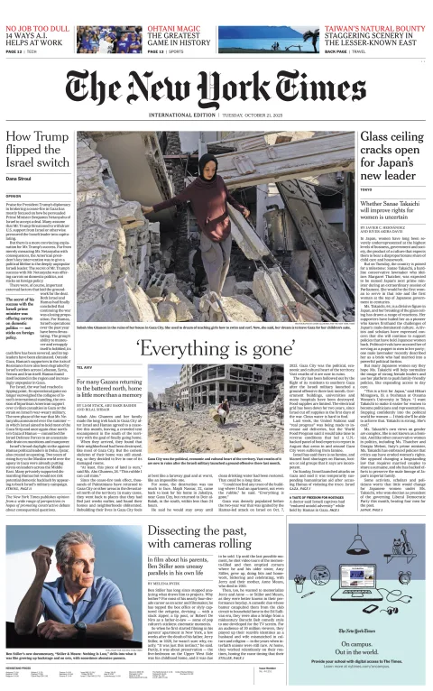 Portada de The New York Times (international) del martes, 21 de octubre de 2025