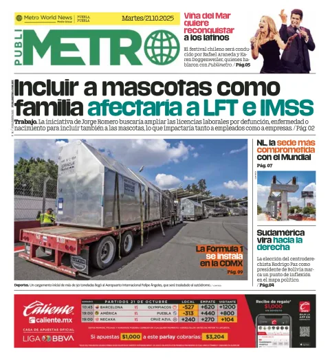 Portada de Publimetro Puebla del martes, 21 de octubre de 2025