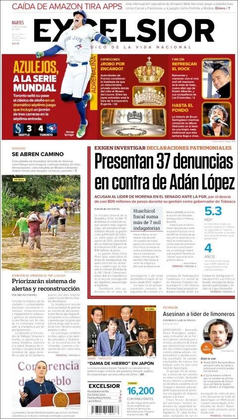 Portada de Excelsior del martes, 21 de octubre de 2025