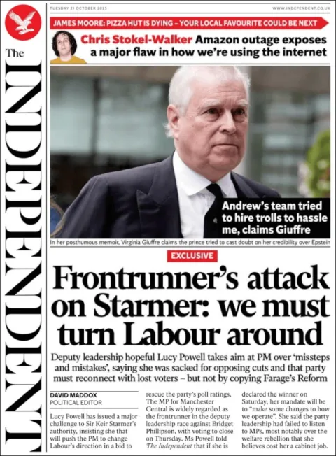 Portada de The Independent del martes, 21 de octubre de 2025