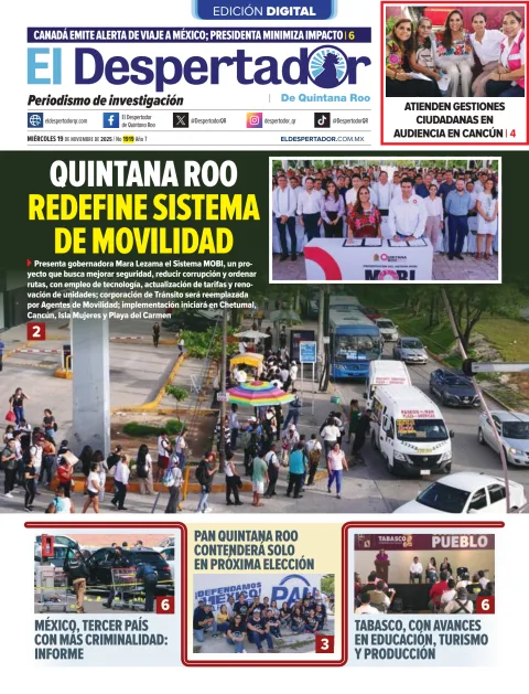 Portada de El Despertador de Quintana Roo del miércoles, 19 de noviembre de 2025