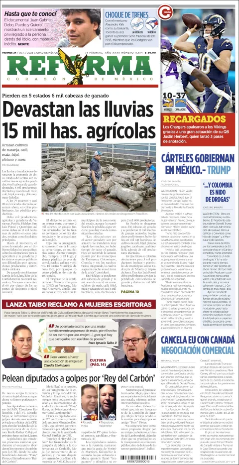 Portada de Reforma del viernes, 24 de octubre de 2025