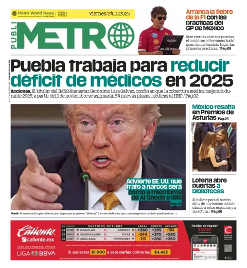 Portada de Publimetro Puebla del viernes, 24 de octubre de 2025