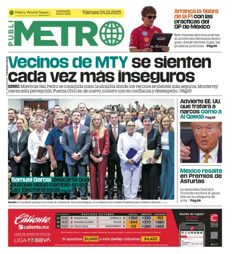 Portada de Publimetro Monterrey del viernes, 24 de octubre de 2025