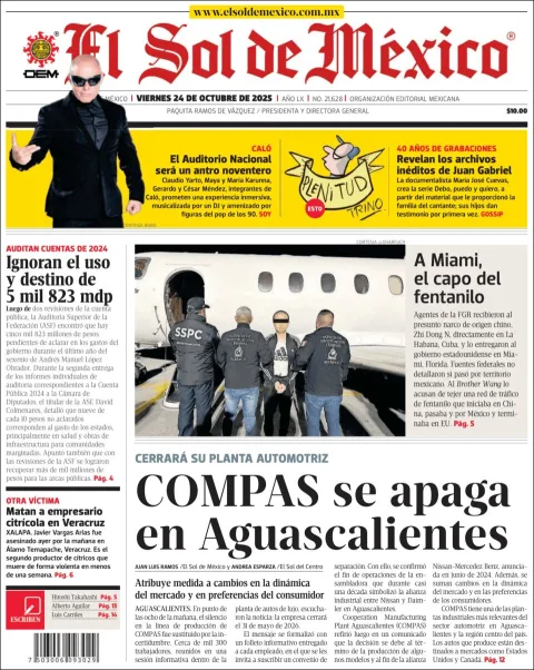 Portada de El Sol de Mexico del viernes, 24 de octubre de 2025