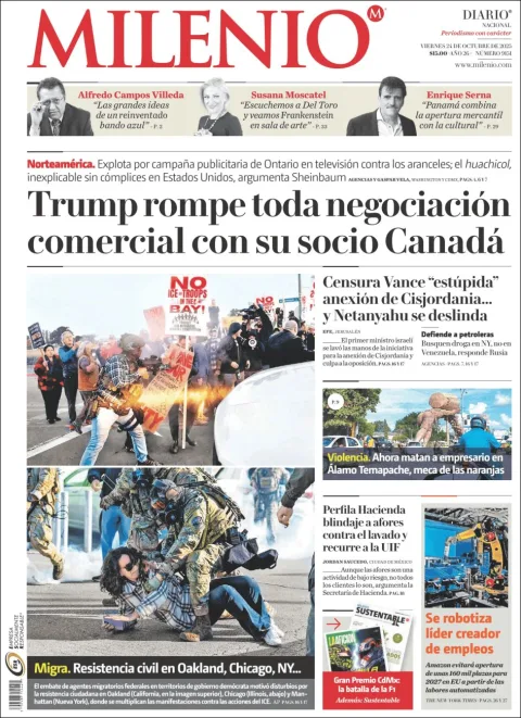 Portada de Milenio del viernes, 24 de octubre de 2025