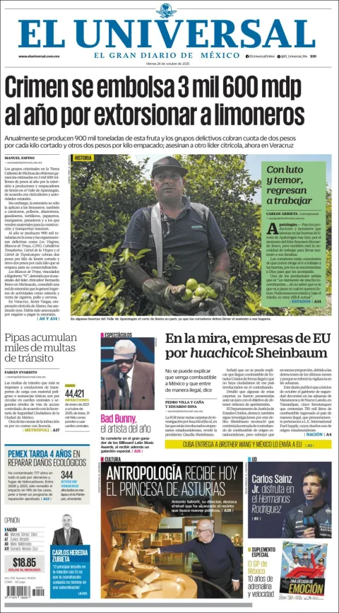 Portada de El Universal del viernes, 24 de octubre de 2025
