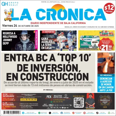 Portada de La Cronica del viernes, 24 de octubre de 2025