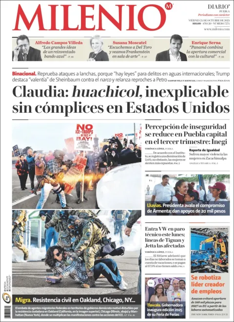 Portada de Milenio Puebla del viernes, 24 de octubre de 2025