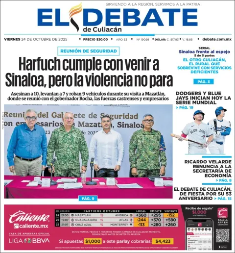 Portada de El Debate de Culiacan del viernes, 24 de octubre de 2025