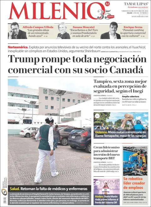 Portada de Milenio Tamaulipas del viernes, 24 de octubre de 2025