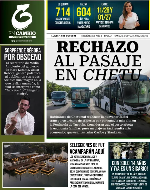 Portada de En Cambio - Quintana Roo (portada) del lunes, 13 de octubre de 2025
