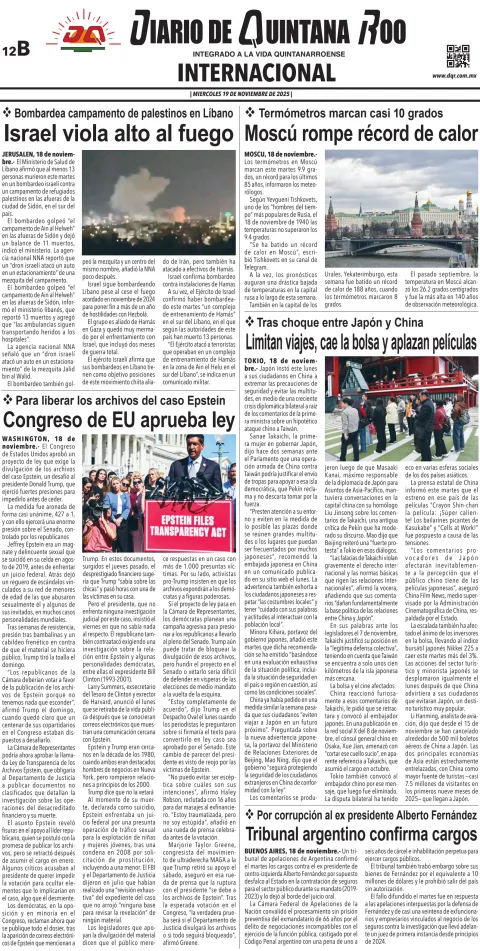 Portada de Diario de Quintana Roo (contra Portada) del miércoles, 19 de noviembre de 2025
