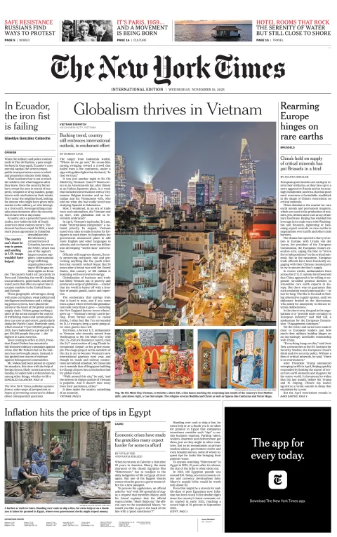 Portada de The New York Times (international) del miércoles, 19 de noviembre de 2025