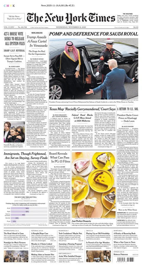 Portada de The New York Times (new York) del miércoles, 19 de noviembre de 2025