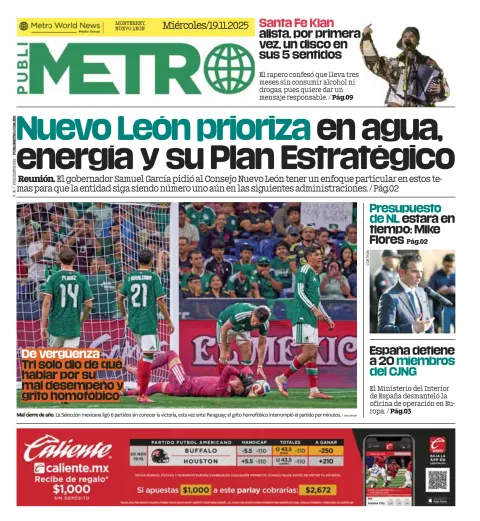 Portada de Publimetro Monterrey del miércoles, 19 de noviembre de 2025