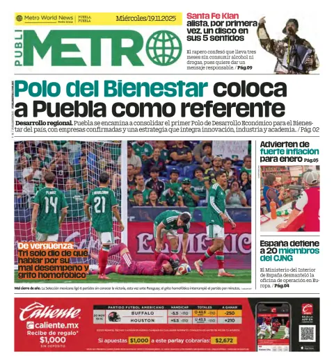 Portada de Publimetro Puebla del miércoles, 19 de noviembre de 2025