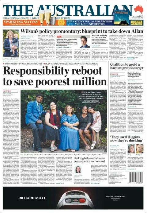 Portada de The Australian del miércoles, 19 de noviembre de 2025