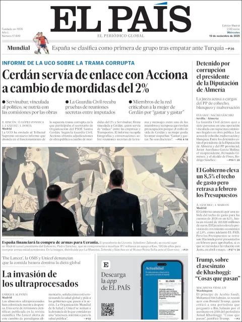 Portada de El Pais del miércoles, 19 de noviembre de 2025