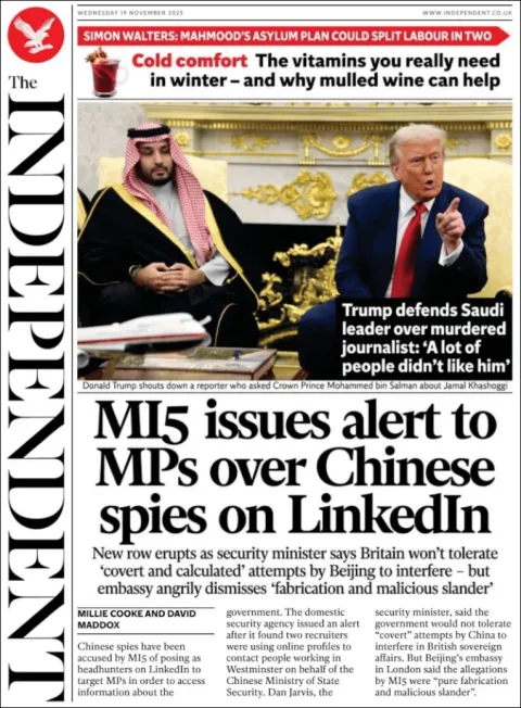 Portada de The Independent del miércoles, 19 de noviembre de 2025