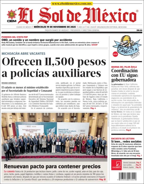 Portada de El Sol de Mexico del miércoles, 19 de noviembre de 2025