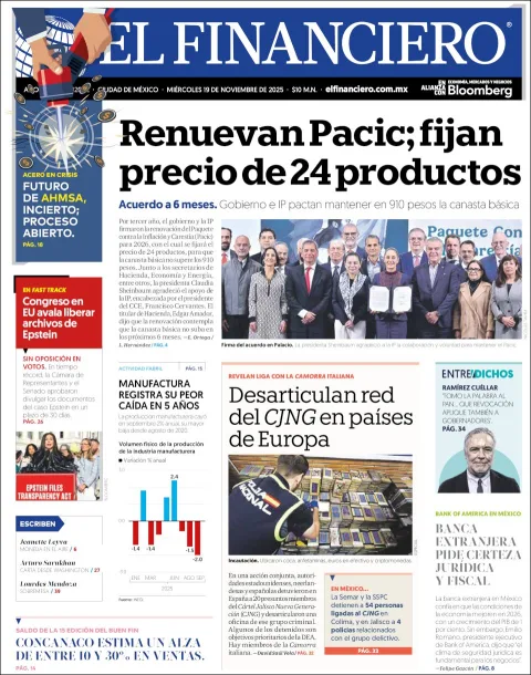 Portada de El Financiero del miércoles, 19 de noviembre de 2025